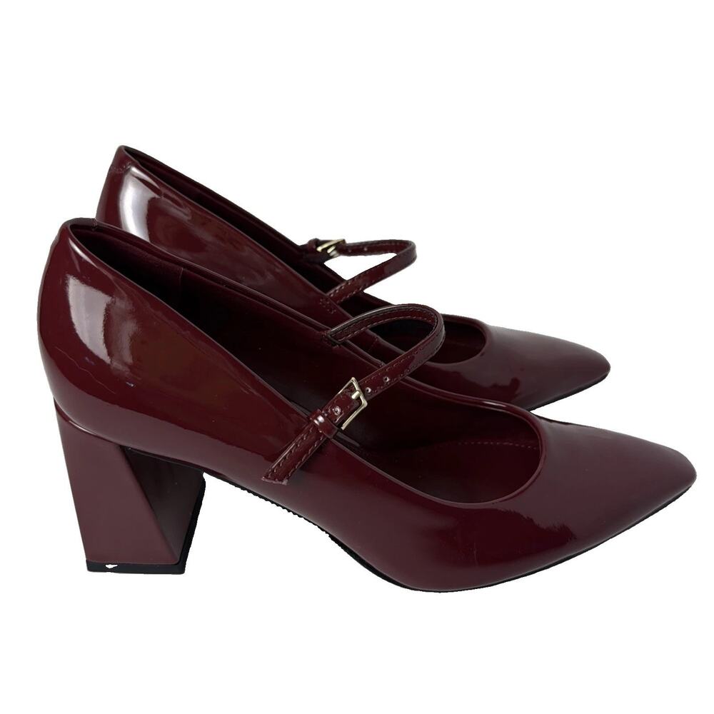 Calvin Klein Naprina Mary Jane Pumps 6.5M Dark Red Patent Block Heel Pointed Toe